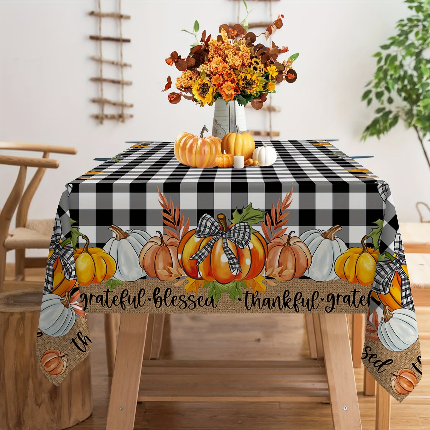 Autumn Thanksgiving Pumpkin & Plaid Black Tablecloth – PVC Coated Polyester