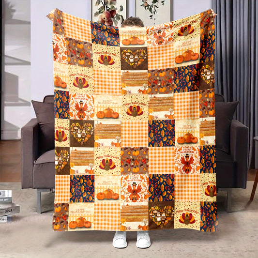 Plush Thanksgiving Pumpkin Turkey Throw Blanket – Soft Reversible Polyester for Bed, Sofa, Office, Naps, and Outdoor Camping