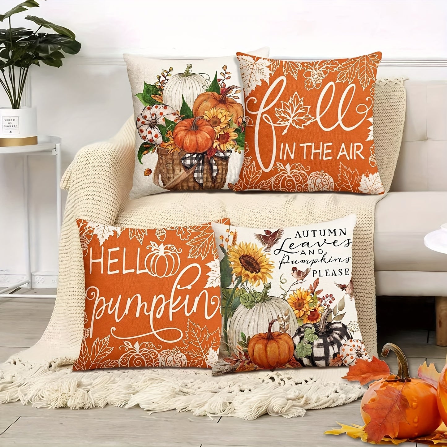 4-Pack Rustic Linen Throw Pillow Covers – Fall-Themed Sunflower & Pumpkin Designs, Zipper Closure (18x18")