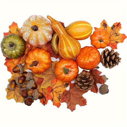 50-Piece Autumn Harvest Decor Set – Mini Faux Pumpkins, Gourds, Maple Leaves & Berries for Thanksgiving & Halloween