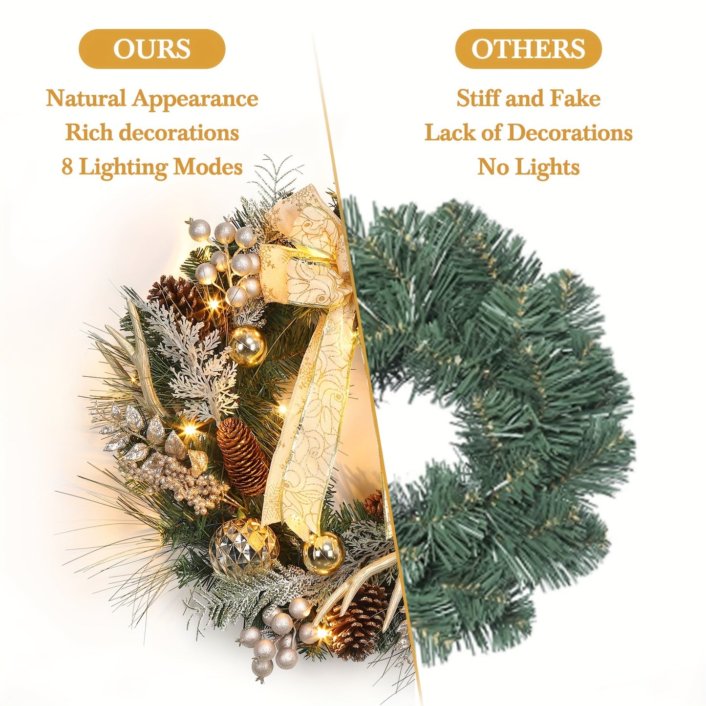 24-Inch Outdoor Christmas Wreath with Gold Ball Ornaments, Pine Cones, and Antlers - 8 Lighting Modes for Front Door Holiday Décor