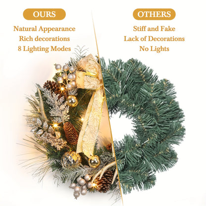 24-Inch Outdoor Christmas Wreath with Gold Ball Ornaments, Pine Cones, and Antlers - 8 Lighting Modes for Front Door Holiday Décor