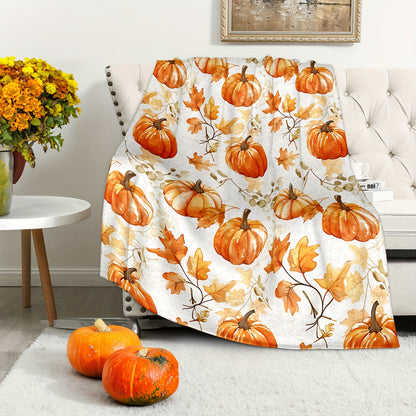 Cozy Flannel Thanksgiving Blanket – Rustic Pumpkin & Maple Leaf Design, Soft Fall Throw