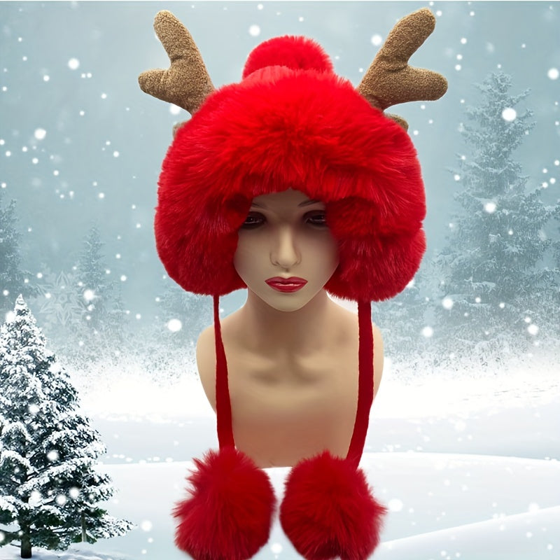 Cute Christmas Beanie with Pom - Classic Plush Ear Flap Hat with Reindeer Antlers - Thick Solid Color Knit for Cozy Winter Style