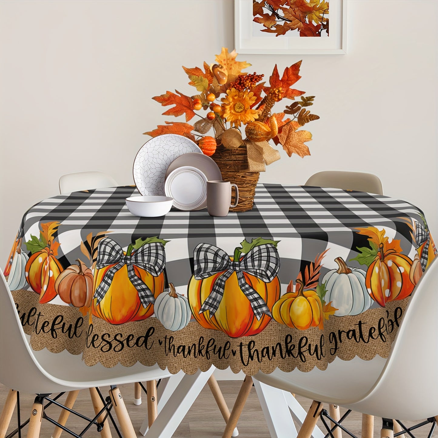 Autumn Thanksgiving Pumpkin & Plaid Black Tablecloth – PVC Coated Polyester