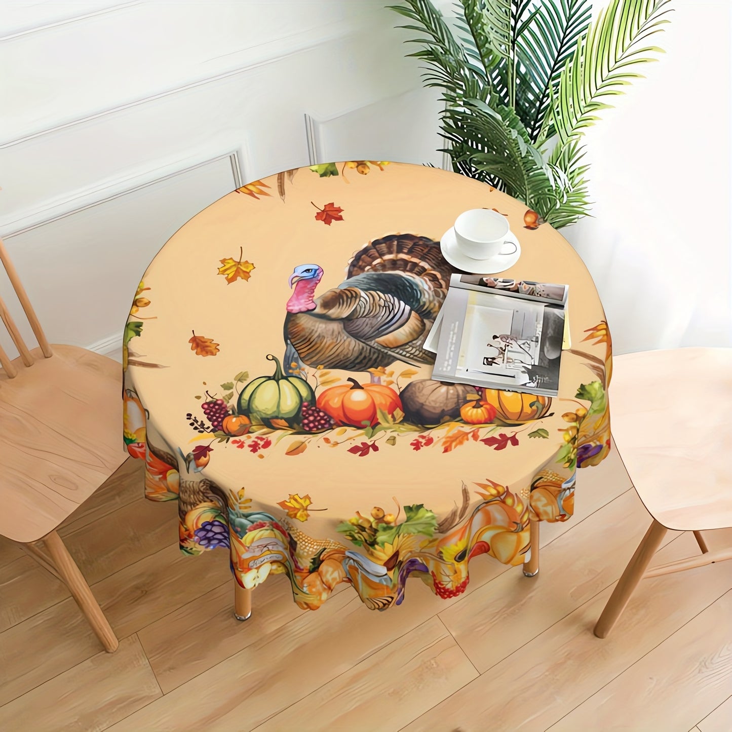 Autumn Harvest Tablecloth with Pumpkin & Turkey Print – Stain & Water Resistant