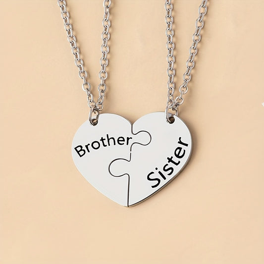 Heart-Shaped Puzzle Pendant Necklace Set - Unique Stainless Steel Brother & Sister Gift for Siblings