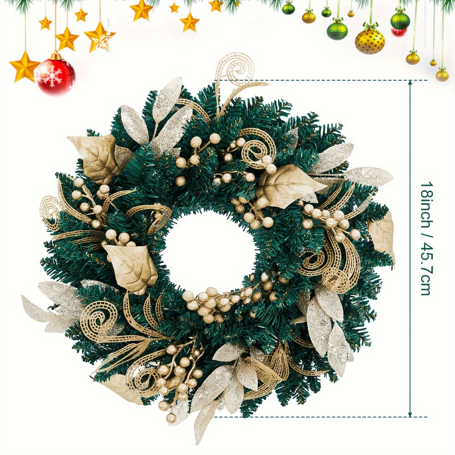 18-Inch Pre-Lit Christmas Wreath with LED Lights - Artificial Wreath with Gold Flowers and Berries for Front Door Holiday Décor