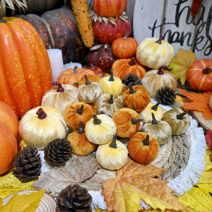 12-Piece Autumn Pumpkin Set with Wooden Containers – Rustic Velvet & Plastic Decor for Fall, Thanksgiving, and Halloween