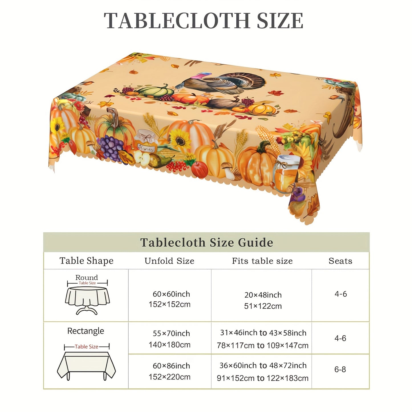 Autumn Harvest Tablecloth with Pumpkin & Turkey Print – Stain & Water Resistant