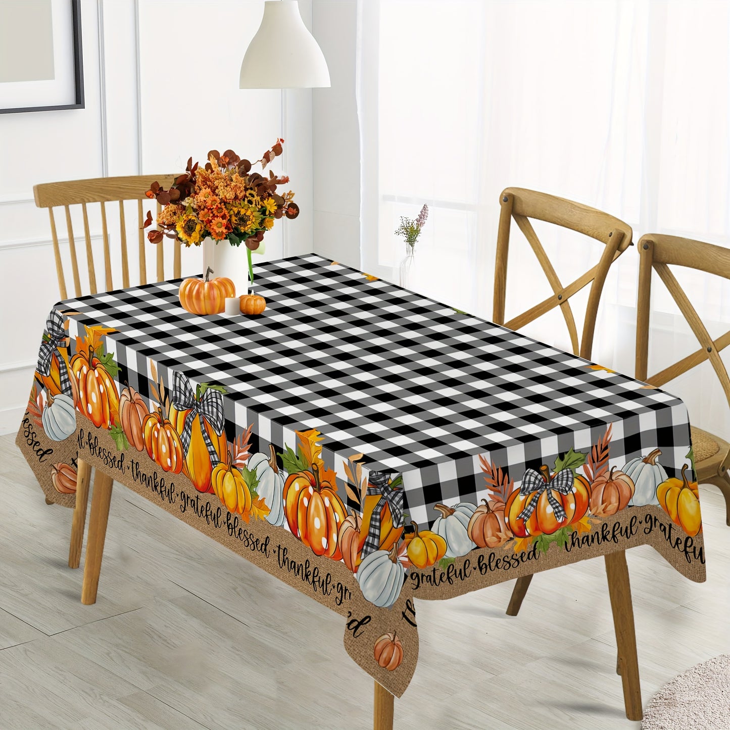 Autumn Thanksgiving Pumpkin & Plaid Black Tablecloth – PVC Coated Polyester