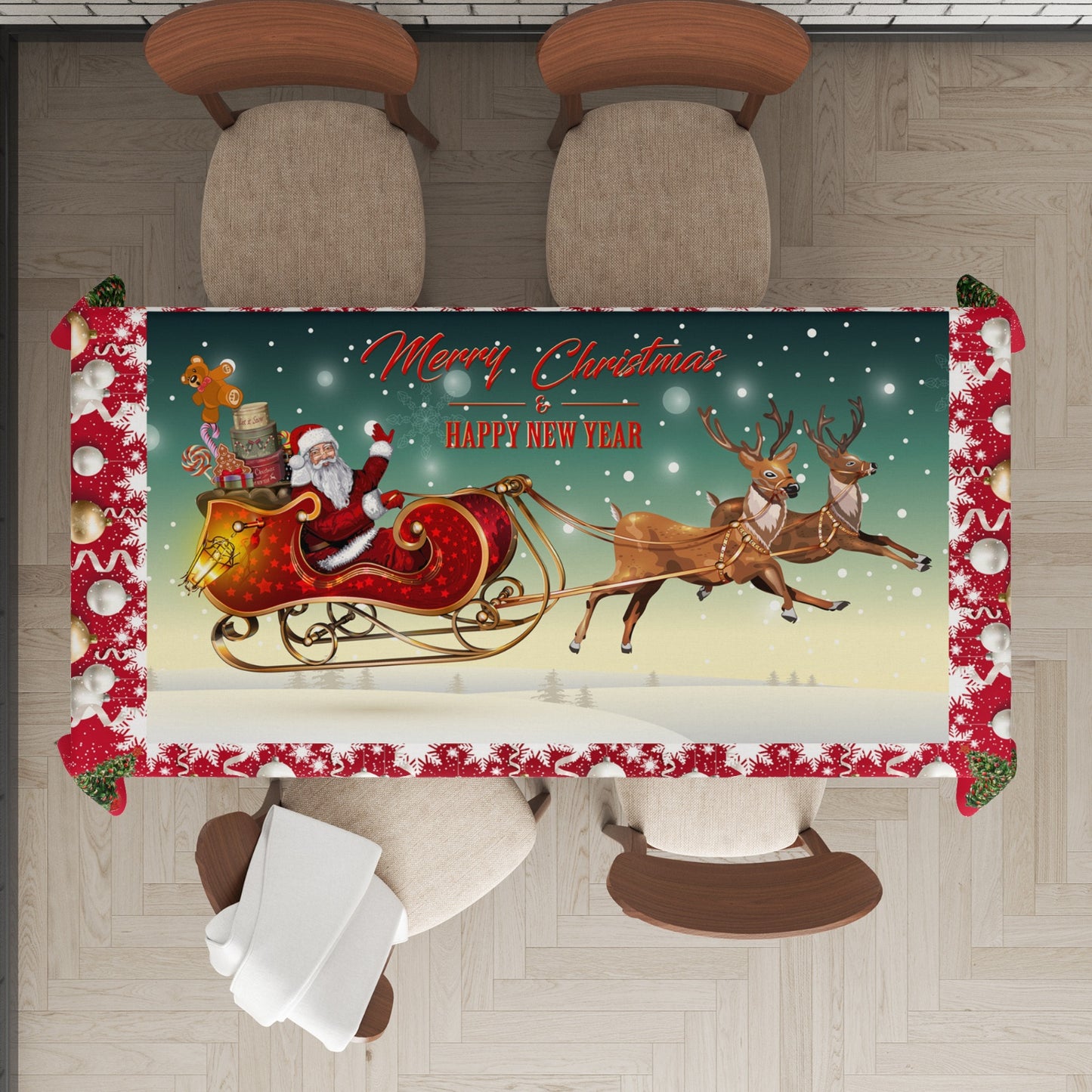 Christmas Tablecloth with Santa and Reindeer Design - 100% Polyester, Waterproof & Stain-Resistant Machine-Woven Table Cover for Dining, Parties, and Picnics