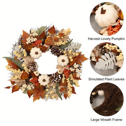 19in Fall Wreath with Pumpkins, Maple Leaves & Acorns - Thanksgiving & Halloween Décor