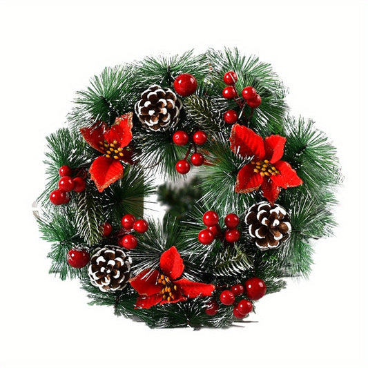 11.81-Inch Simulation Christmas Wreath with Red Flowers - Festive Front Door & Holiday Party Décor