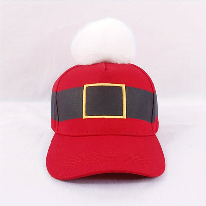 2PCS Santa Claus Christmas Party Belt Hat with Pom-Pom - Unisex Cotton Baseball Cap - Festive Holiday Fashion Accessory