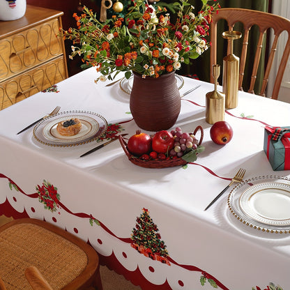 Christmas Holiday Festive Dining Decor Tablecloth - Elegant Crimson with Floral Tree Design, Durable Woven Fabric for Seasonal Celebrations