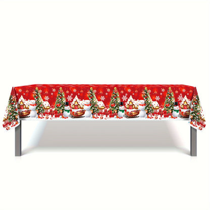 Festive Christmas Party Tablecloth - Red Plastic Table Cover with Snowmen, Trees, and Gifts Design for Holiday Events and Xmas Party Supplies