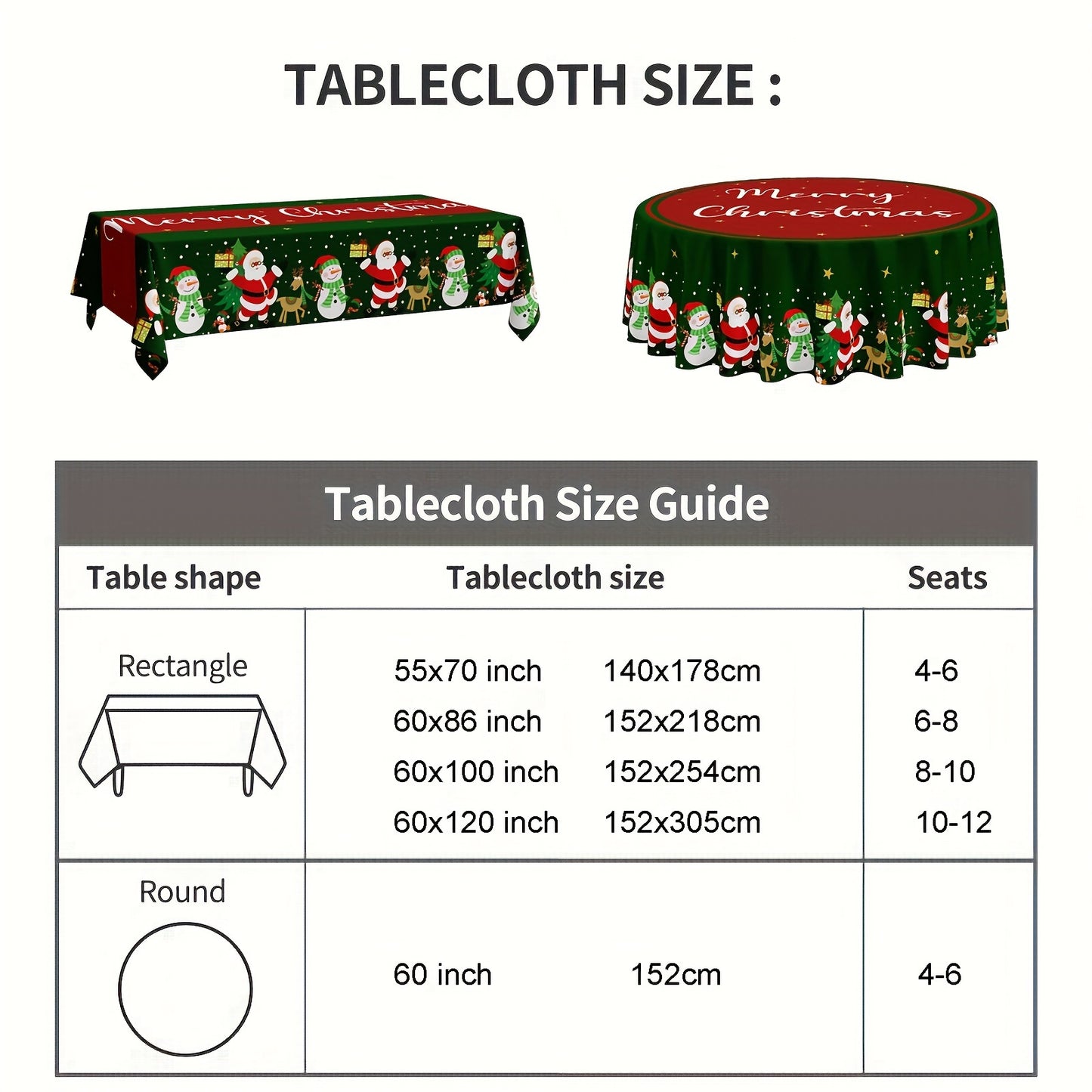 Christmas Cartoon Tablecloth - 100% Polyester Round Waterproof Table Cover with Santa, Snowman, and Christmas Tree Design, Ideal for Holiday Festivities