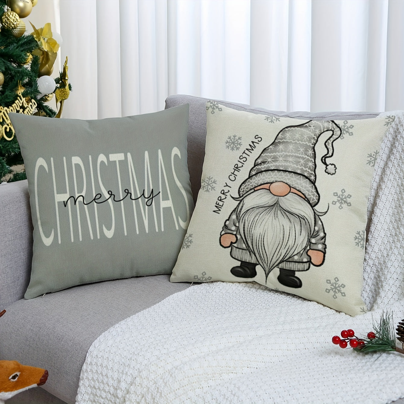 4-Piece Home Linen Christmas Throw Pillowcases – Rustic Gnome, Tree, and Gift Letter Designs for Farmhouse Decor