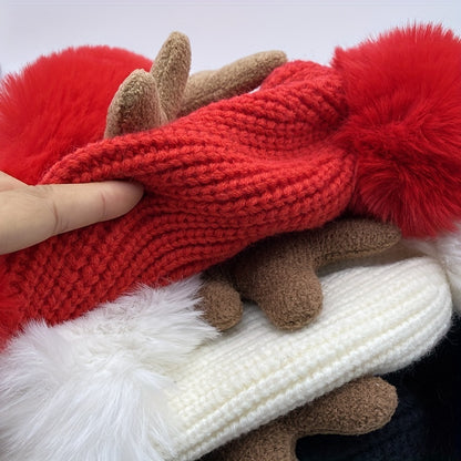 Cute Christmas Beanie with Pom - Classic Plush Ear Flap Hat with Reindeer Antlers - Thick Solid Color Knit for Cozy Winter Style