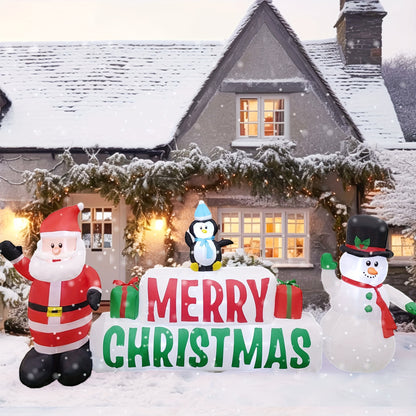 10ft Long Lighted Christmas Inflatable - Merry Christmas Sign with Santa, Snowman, and Penguin