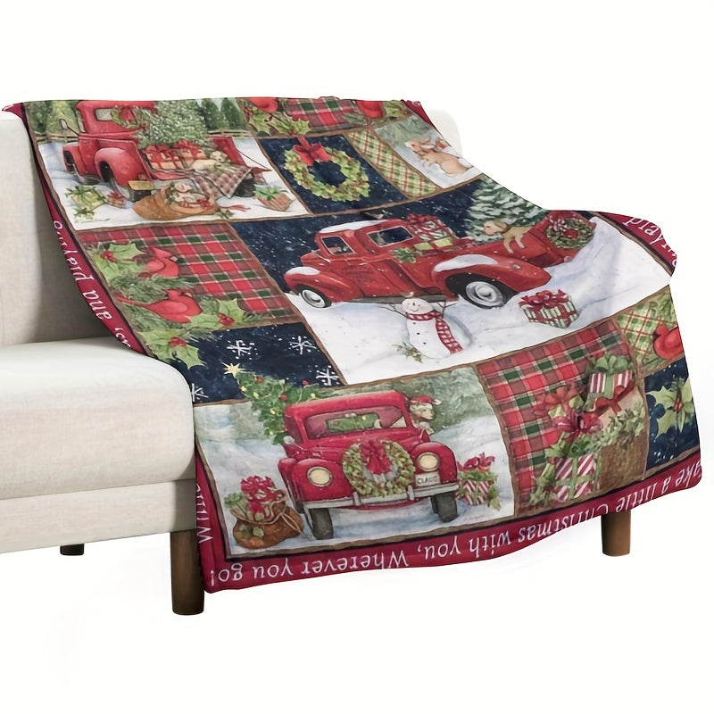 Cozy Christmas Car Print Flannel Blanket – Ultra-Soft, Warm & Lightweight Throw for Couch, Bed, Office, and Travel