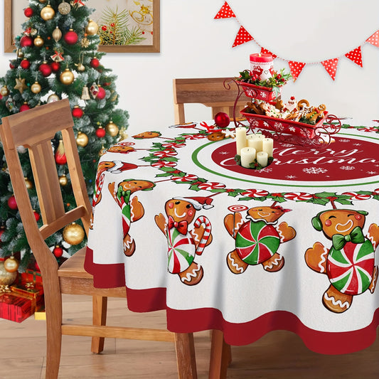 Christmas Polyester Tablecloth - Lively Gingerbread Man & Candy Pattern, Festive Holiday Décor for Home & Events, Durable Fabric, Perfect Christmas Gift