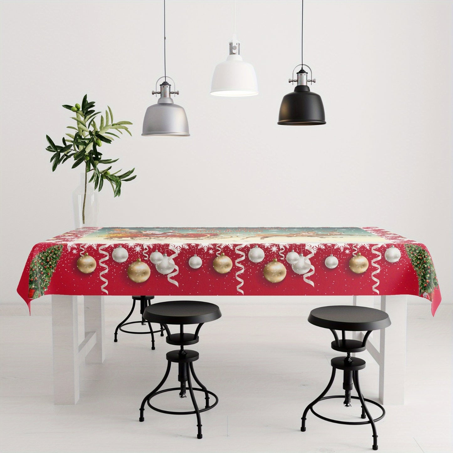 Christmas Tablecloth with Santa and Reindeer Design - 100% Polyester, Waterproof & Stain-Resistant Machine-Woven Table Cover for Dining, Parties, and Picnics