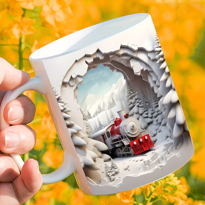 Christmas & Thanksgiving 3D Train Snow Scene Ceramic Coffee Mug, 11oz - Reusable, Machine Washable, Recyclable Material - Ideal for Juice, Milk, Holiday & Birthday Gifts