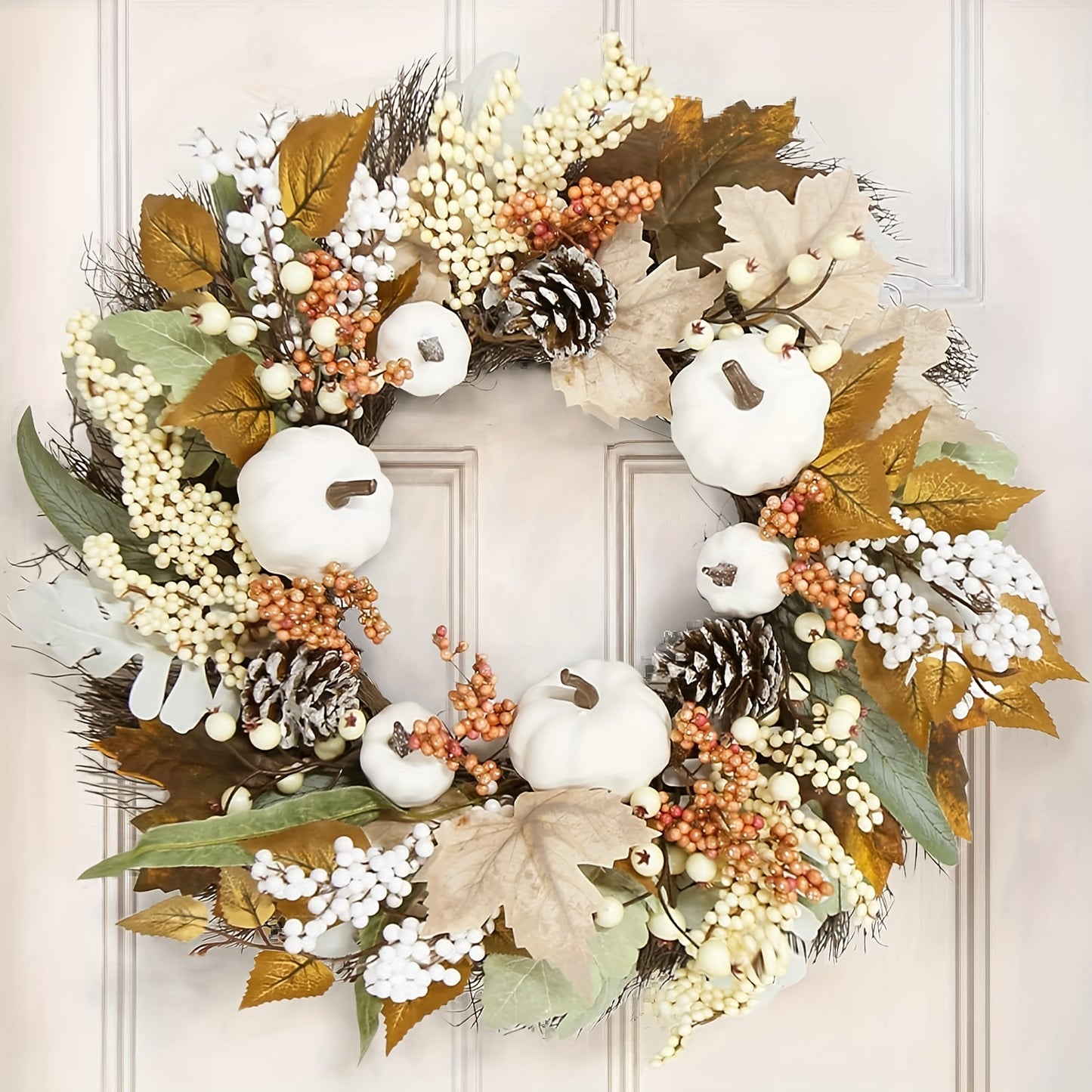 18 Inch Autumn Harvest Wreath with Pumpkins & Maple Leaves - Thanksgiving & Halloween Décor