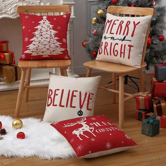 4-Piece Festive Deer Pillow Cases – Soft Linen Blend Decorative Covers for Living Room, Bedroom, and Couch