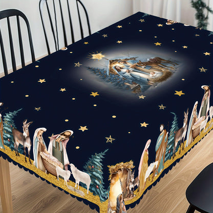 Christmas-Themed Tablecloth with Jesus Birth Scene - Durable Polyester, Embossed Edges, Perfect for Holiday Dining & Décor