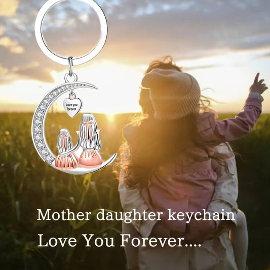 Mother and Daughter Moon Pendant Keychain, Alloy "Love You Forever" Engraved, Alphabet-Themed, Decorative Keyring with Ring Buckle, Ideal Mother's Day Gift - Single Individual Piece