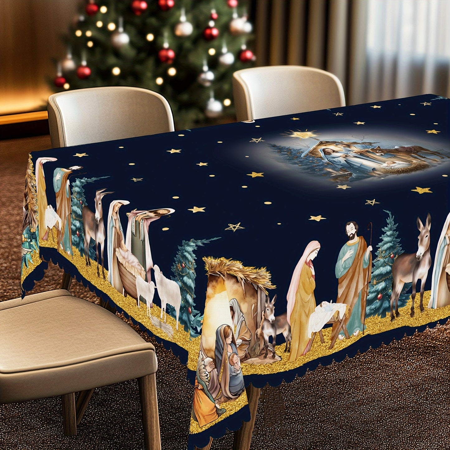 Christmas-Themed Tablecloth with Jesus Birth Scene - Durable Polyester, Embossed Edges, Perfect for Holiday Dining & Décor