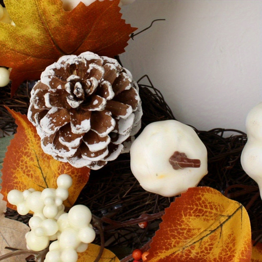 19in Fall Wreath with Pumpkins, Maple Leaves & Acorns - Thanksgiving & Halloween Décor