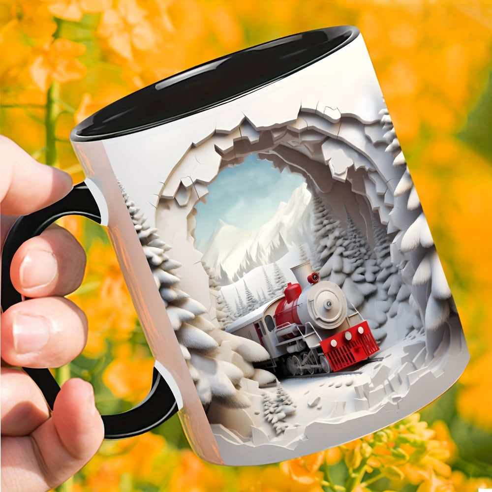 Christmas & Thanksgiving 3D Train Snow Scene Ceramic Coffee Mug, 11oz - Reusable, Machine Washable, Recyclable Material - Ideal for Juice, Milk, Holiday & Birthday Gifts