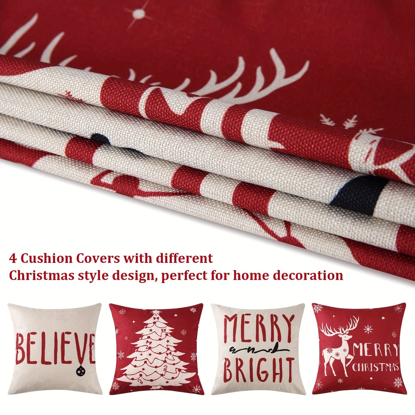 4-Piece Festive Deer Pillow Cases – Soft Linen Blend Decorative Covers for Living Room, Bedroom, and Couch