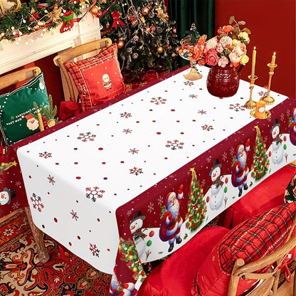 Festive Christmas Tablecloth - Santa, Snowman & Xmas Tree Design, 51x87 Disposable Plastic Cover for Holiday Dining & Décor