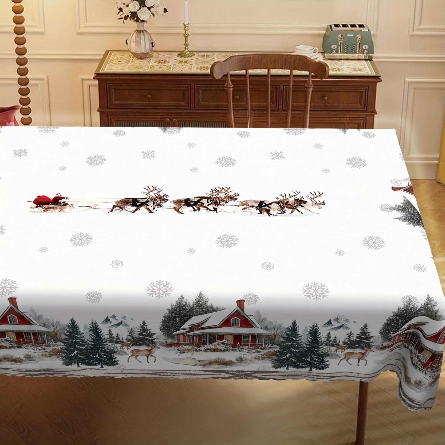 Christmas Cheer Tablecloth - Polyester Snowy Elk & Santa Design with Embossed Edge, Stain & Water Resistant for Holiday Dining, Parties, and Outdoor Picnics