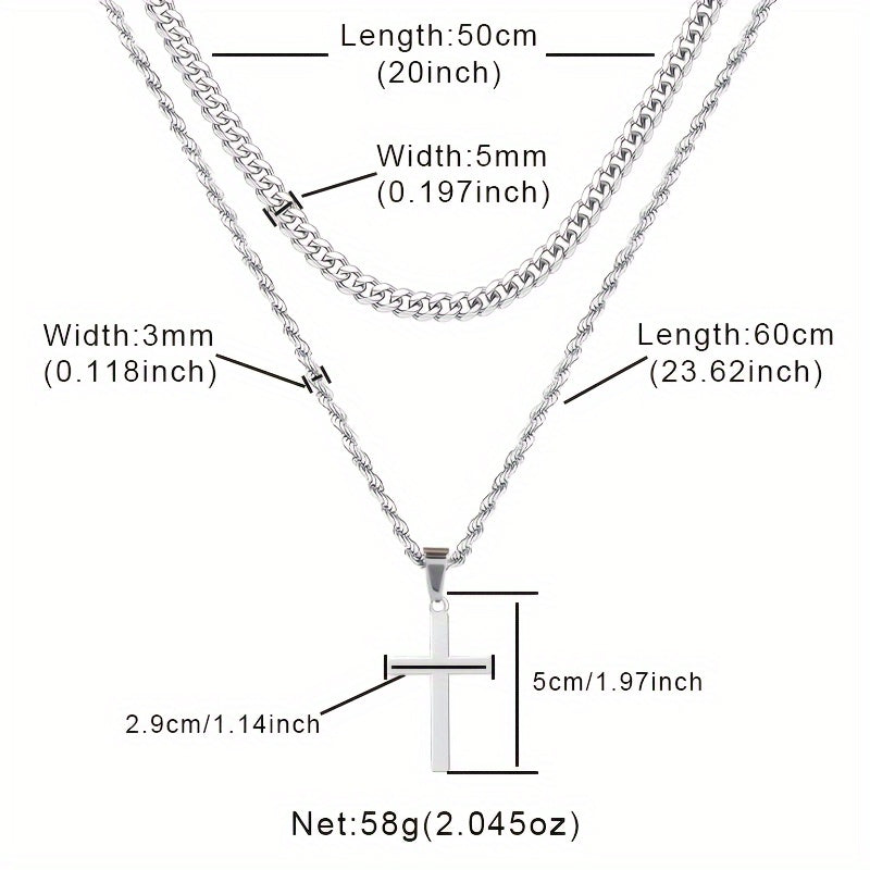 3-Piece Handmade Rope & Cross Pendant Necklace Set - Trendy Titanium Steel Gift for Brother with Gift Box