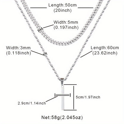 3-Piece Handmade Rope & Cross Pendant Necklace Set - Trendy Titanium Steel Gift for Brother with Gift Box