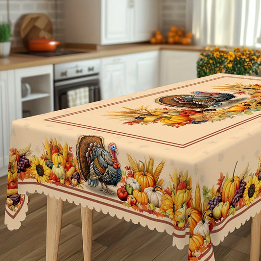 Vibrant Autumn Harvest Tablecloth with Turkey, Pumpkin & Sunflower Design – Waterproof & Stain-Resistant