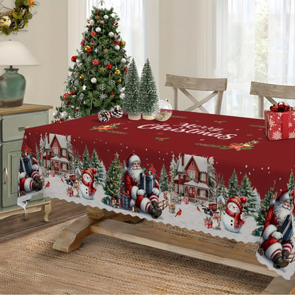 Christmas Holiday Tablecloth with Santa, Snowman, and Christmas Tree Design - Durable Polyester, Machine-Woven Rectangular Table Cover for Indoor & Outdoor Use