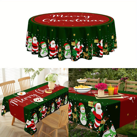 Christmas Cartoon Tablecloth - 100% Polyester Round Waterproof Table Cover with Santa, Snowman, and Christmas Tree Design, Ideal for Holiday Festivities