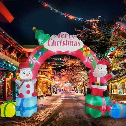 12.5ft Inflatable Christmas Archway - Santa Claus and Snowman on Gift Boxes with LED Lights