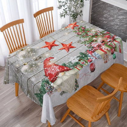 Merry Christmas Gnome & Snowflake Pattern Tablecloth - Festive Polyester Table Cover for Holiday Gatherings and Home Decor