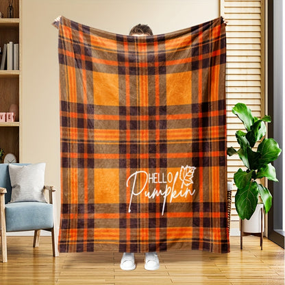 Contemporary Flannel Throw Blanket – Orange Plaid & "Hello Pumpkin" Print, Cozy All-Season Comfort