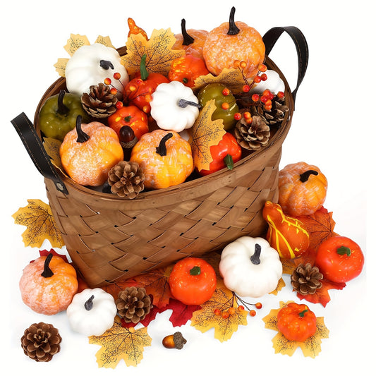 48-Piece Fall Decor Set – Artificial Pumpkins, Gourds, Acorns & Maple Leaves for Thanksgiving & Halloween