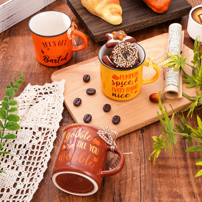 Autumn Harvest 6pcs Mini Coffee Mug Set – 8.5oz Reusable Ceramic Mugs with Pumpkin, Turkey & Maple Leaf Designs