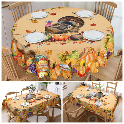 Autumn Harvest Tablecloth with Pumpkin & Turkey Print – Stain & Water Resistant